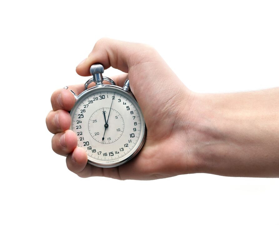 Stopwatch an der Hand a virzäiteg Ejakulatioun